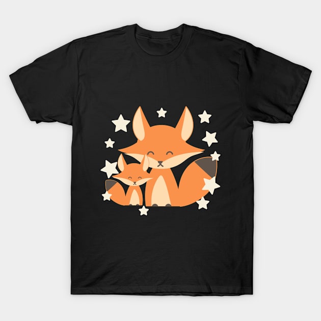 Cute vixen red fox sitting with baby cub and stars T-Shirt by keeplooping